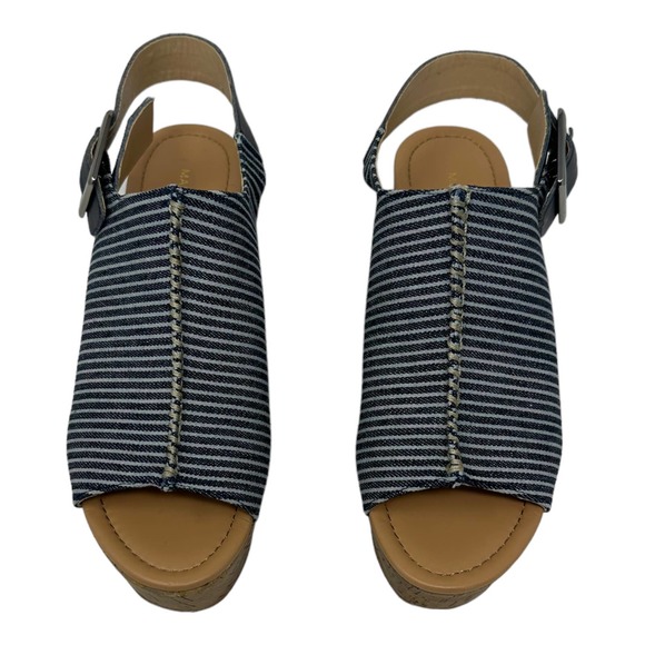 Marc Fisher Sinthya Blue Stripe Denim Cork Wedge Slingback Sandals 7.5 - Picture 2 of 11